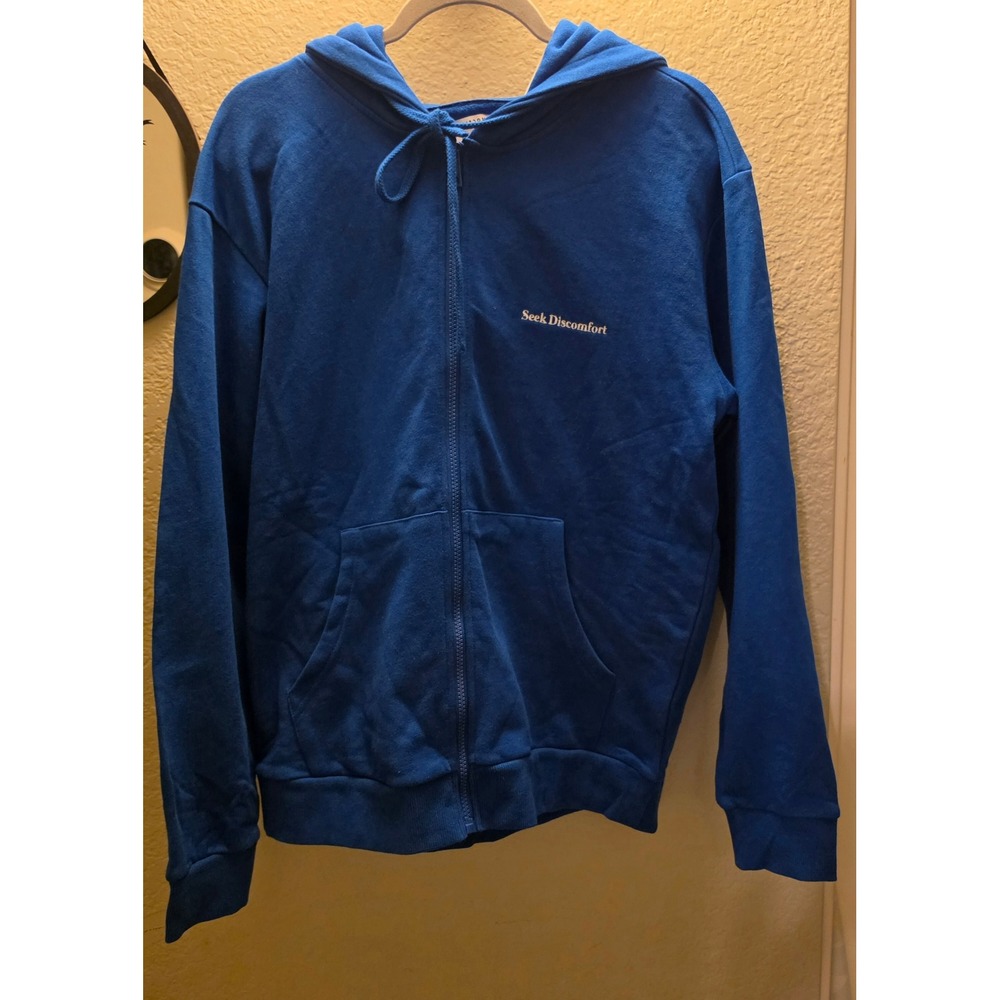 Seek Discomfort Mens Blue Organic Cotton Full Zip Hoodie Sweatshirt Size M NWT